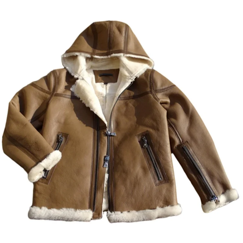 Brown Winter Hooded Shearling Jacket Men Casual Style Plus Size 5XL Genuine Natural Thick Sheepskin Warm Leather Coat