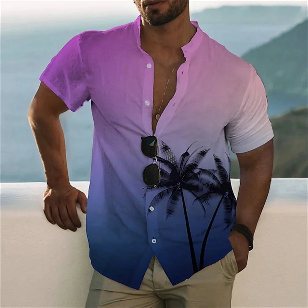 New Hawaii Gradient Coconut Tree Pattern Men's Shirt High Quality Social Casual Vacation T-Shirt Fashion Sunset Printed Clothing