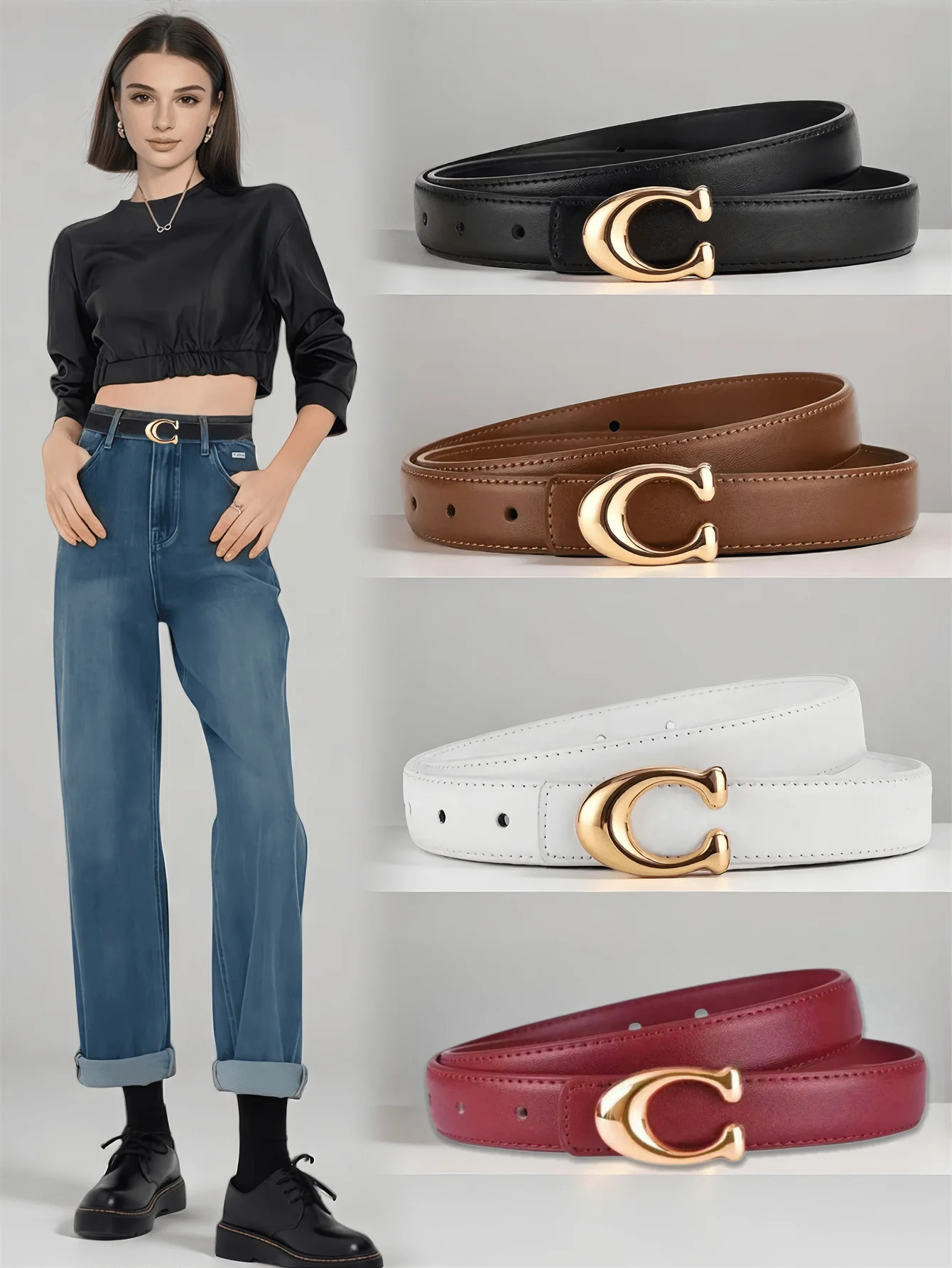 1pc Women's leather belt with C letter alloy smooth buckle, can be matched with jeans, a great gift.