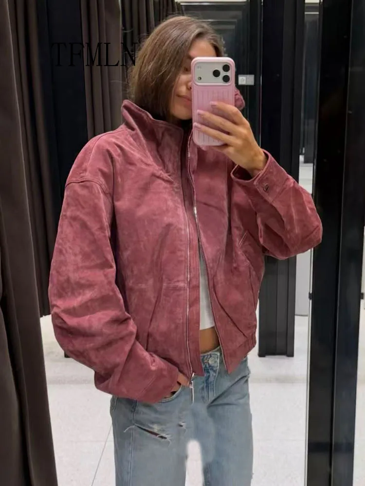 TFMLN Bomber Jackets For Women Overside Zipper Pockets Long Sleeve Coat Vintage Chic Causal Daily Outerwear 2026 Autumn Winter
