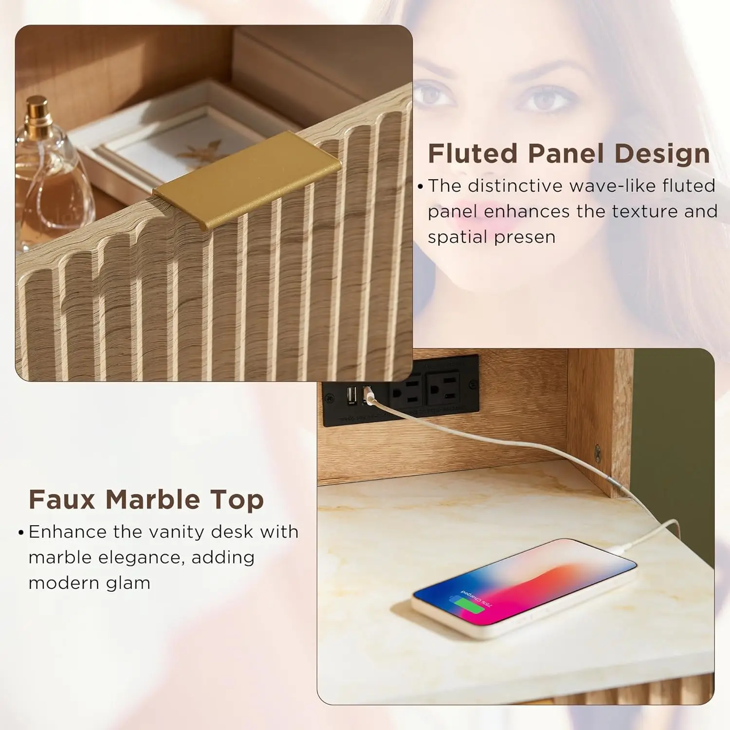 مكياج مخدد مقاس 48 بوصة مع مرآة وخفيفة كبيرة مقاس 36 بوصة، وسطح زجاجي مع 5 أدراج وأرفف قابلة للتعديل، بلوط #6