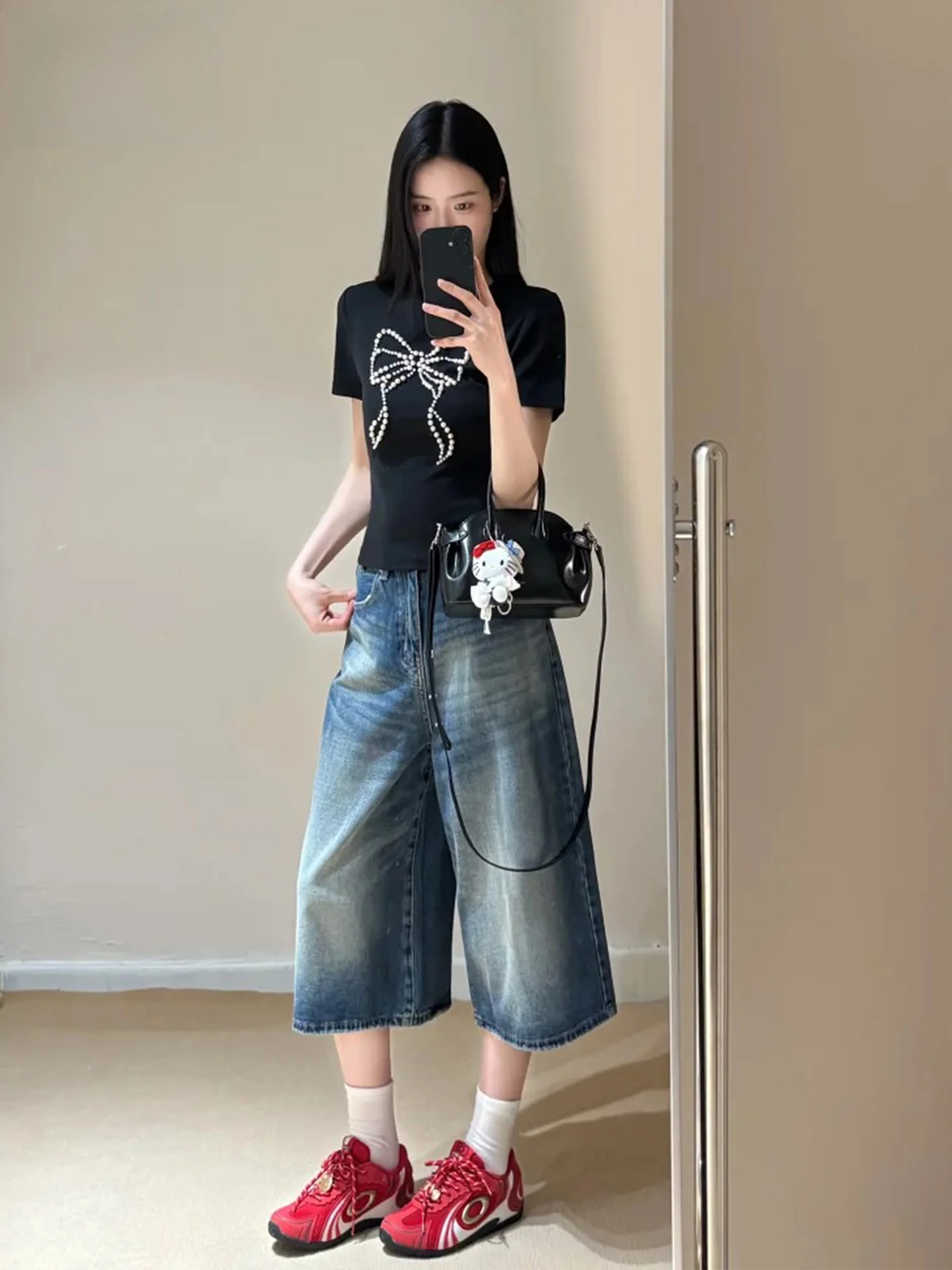 

American Design Vintage Blue Wide Leg Denim Jeans Women's Loose Slim Straight Mid-Calf Pants Summer Casual High Waist