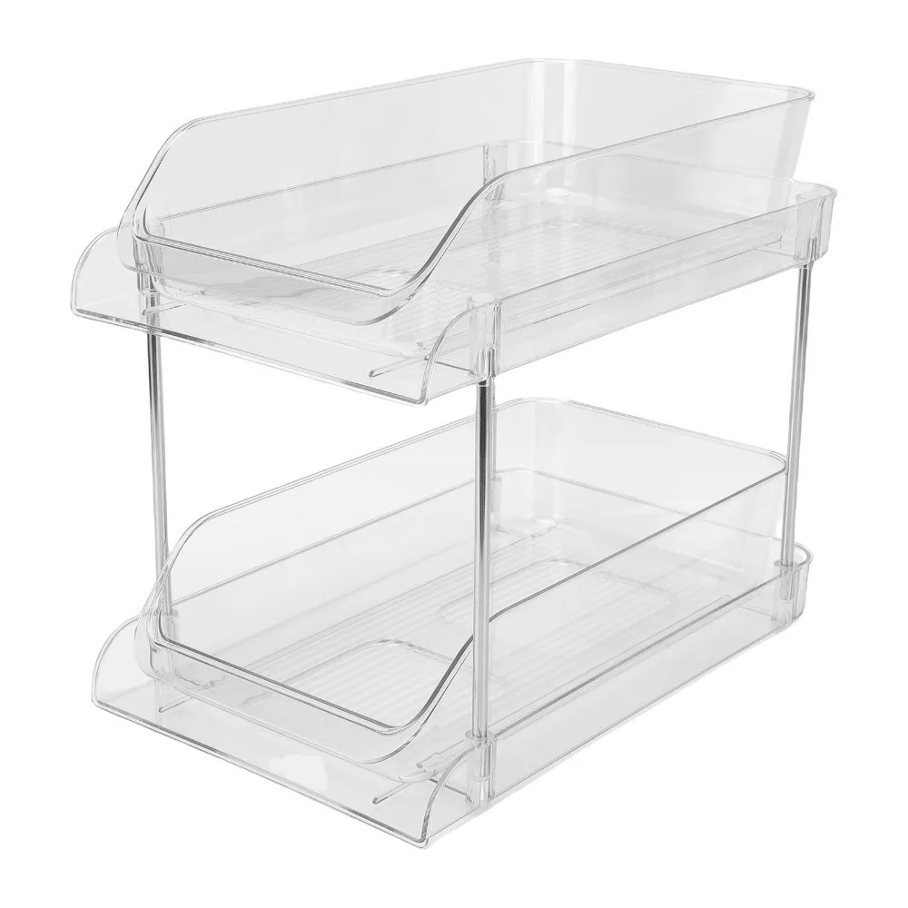 PET Under Sink Organizer 2 Tier Transparent Pull Out Storage Shelf Multi Purpose Pull Out Design CD Holder Stand Under Sink Area