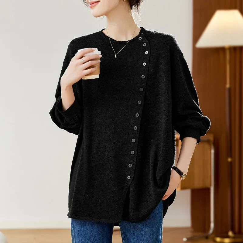 قميص نسائي حراري فضفاض، نسيج ناعم ودافئ، جذاب متوسط الطول، كاجوال بأكمام طويلة، طبقة أساسية لخريف وشتاء