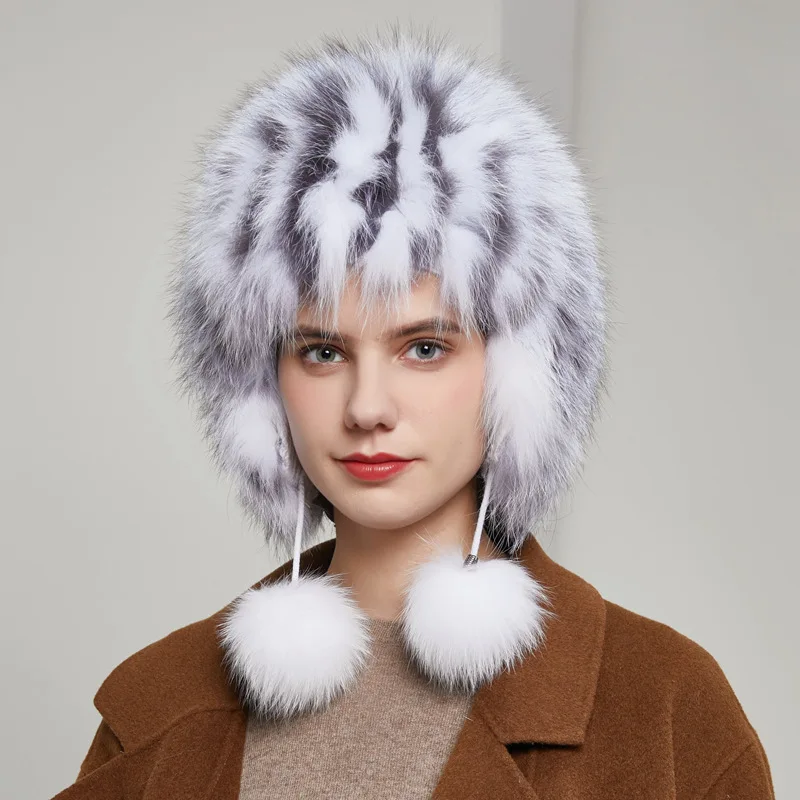 2025 Hot Sale 100% Natural Silver Fox Fur Women Winter Hat Knitted Cap Women Hat Fox Fur Bomber Hat Female Ear Warm Winter Must