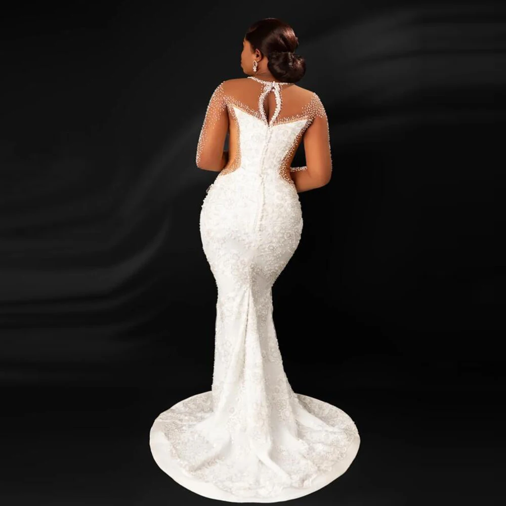 Unique Design Crystals Beaded Wedding Dresses Illusion O Neck Long Sleeves Mermaid Bridal Gowns Customized Bride Marriage Dress