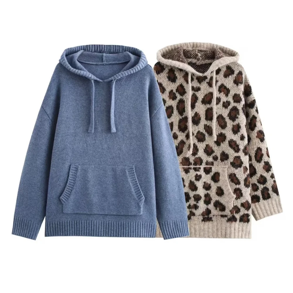 Women's lazy style leopard print jacquard long sleeved knitted sweatshirt hooded autumn and winter new casual loose jacket