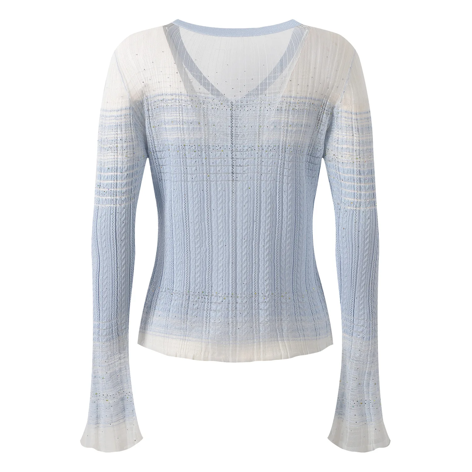 Lady Summer Gradient Color V-neck Flared Long Sleeve Single-breasted Tops With Slips Vest Women Hotfix Rhinestone Knits Cardigan