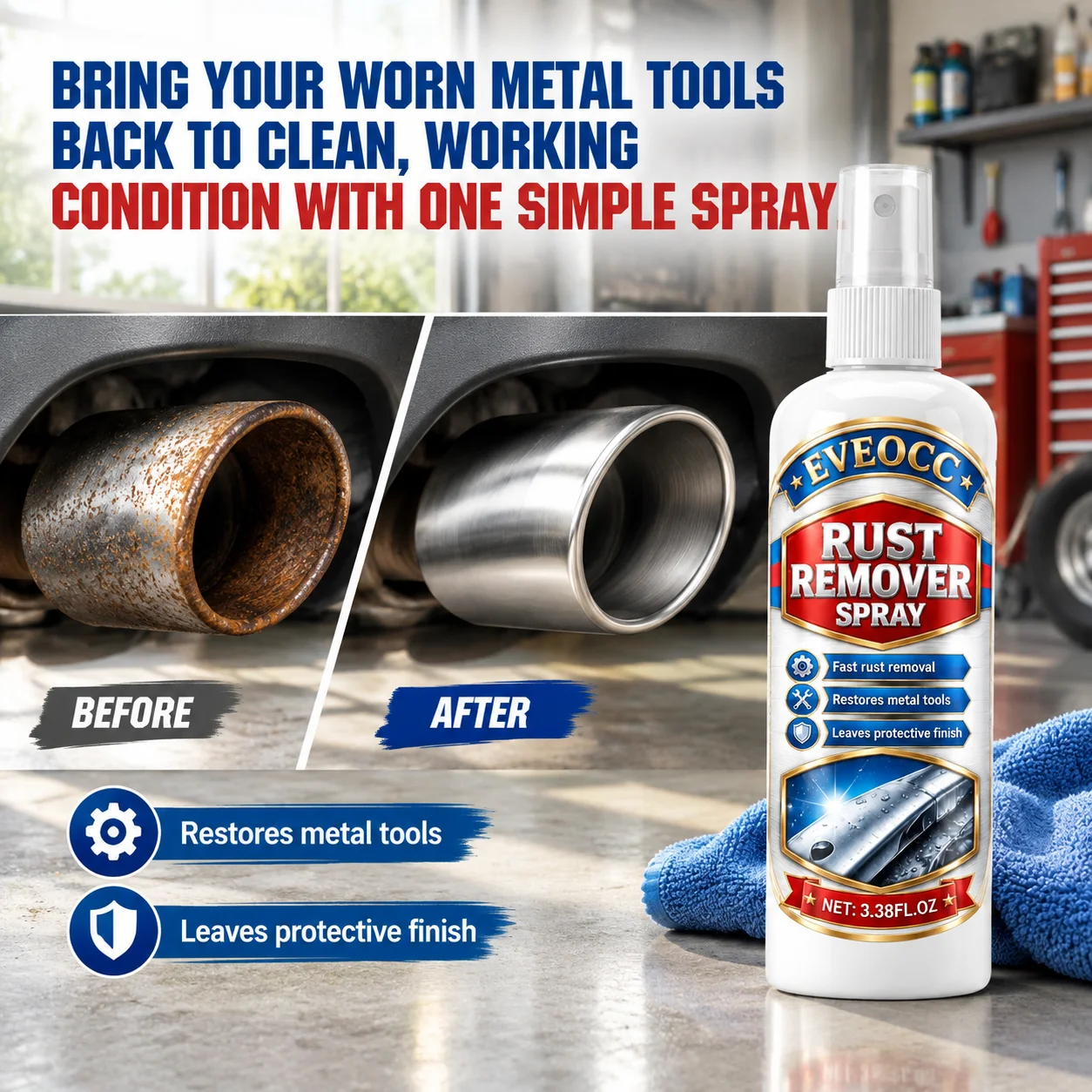 EVEOCC Rust Remover Spray 3.38FL.OZ Fast Rust Removal Restores Metal Tools Anti-Rust Protective Coating Spray