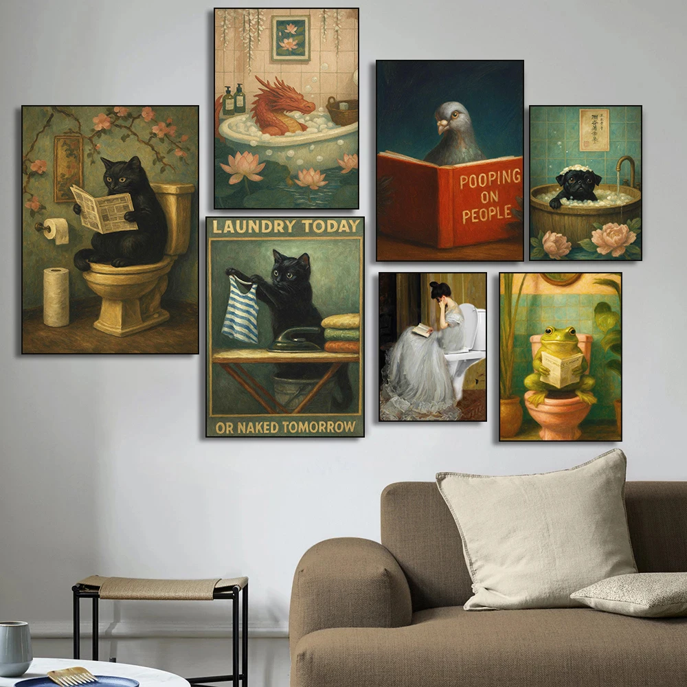 Lustiges Badezimmer-Kunstposter: Drache, Taube, Lesende Toilettenhündchen in Badewanne, Wäsche-Katze, Diamantmalerei Wanddekoration