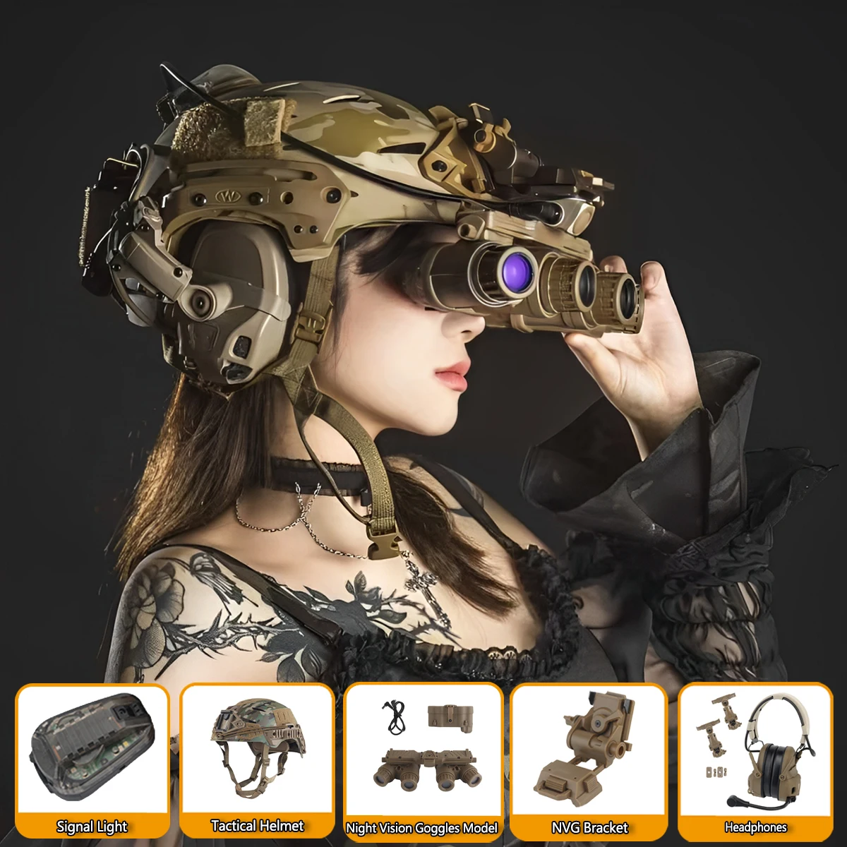 Tactical Helmet Set with Night Vision Model Signal Lights Headset Wendy Airsoft Helmet for Military Hunting Shooting Role Play