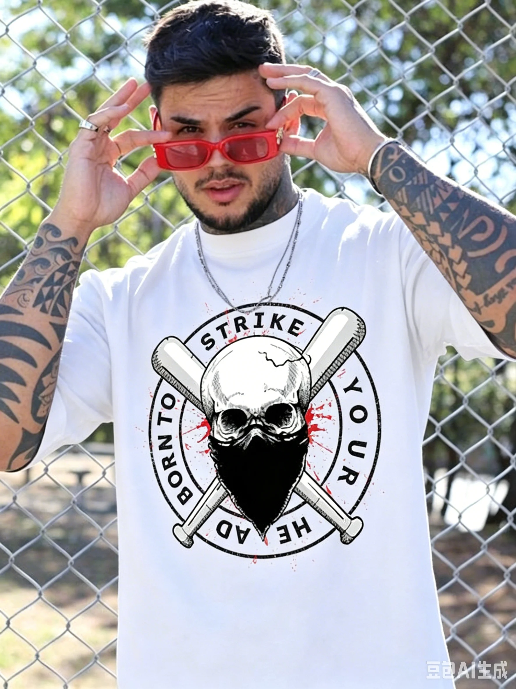 2026 High Street Gangster Boy Skull Mask American Short Collar Short Sleeve Men's and Women's T-Shirt