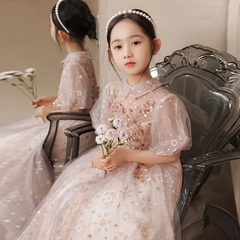 

Girls' Birthday Dress Puffy Tulle Princess Dress Flower Girl Puff Sleeve Little Girl Piano Performance Dress Spring