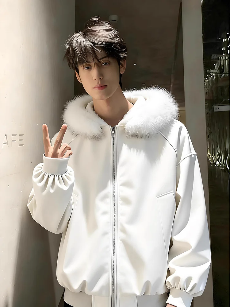 

American Sle PU Leather Large Fur Collar Men's Cotton Jaet Winter Warmth Faion Brand Haome High-End Cotton Coat