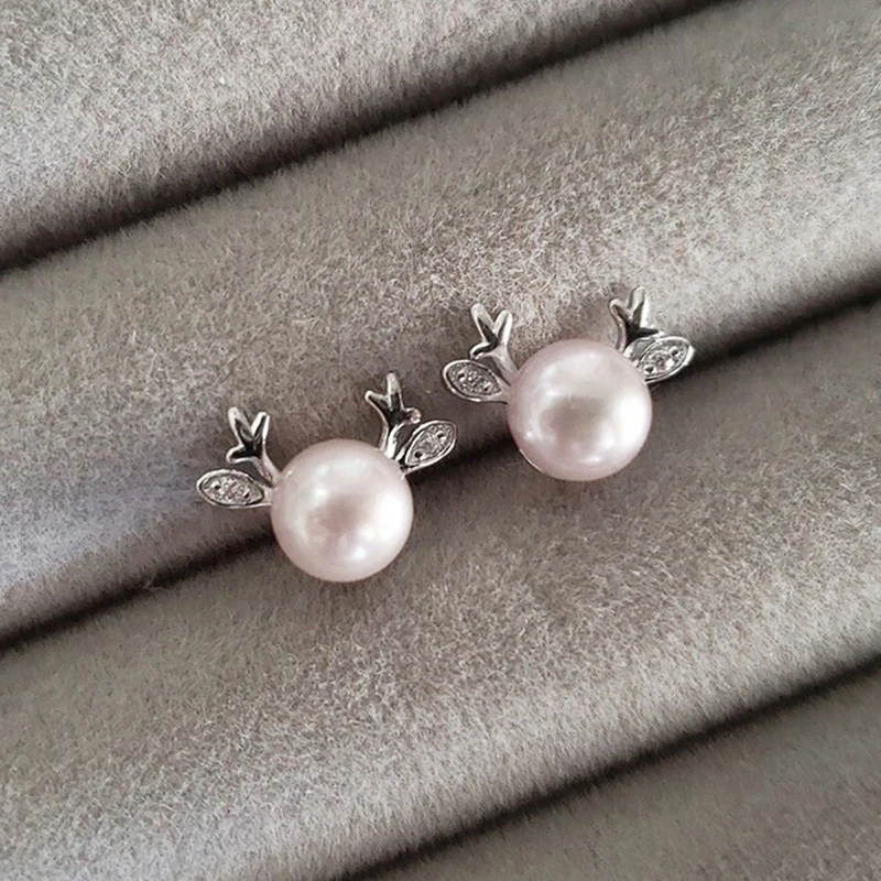 Huitan Dainty Elk Antler Imitation Pearl Stud Earrings for Women Exquisite Daily Party Christmas Ear Studs Statement Jewelry