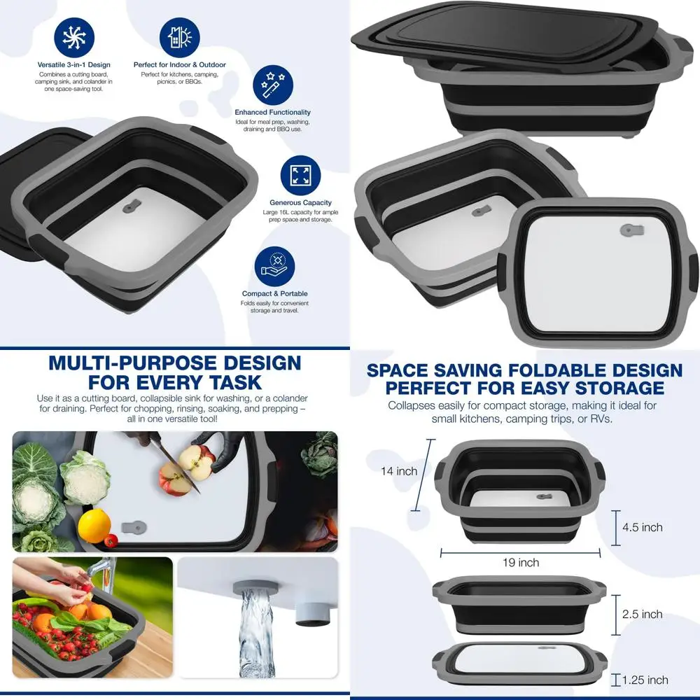 

Складная ванна для приготовления барбекю XL с разделочной доской, крышкой и ситечком — идеально подходит для маринования, слива и приготовления пищи на открытом воздухе (черная)