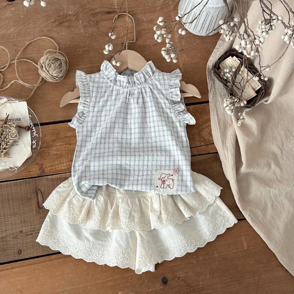 Summer Infant Baby Girls Gingham Ruffle Short Sleeve Top with Patch Collar & Sweet Embroidered Ruffle Shorts 2 Piece Outfit