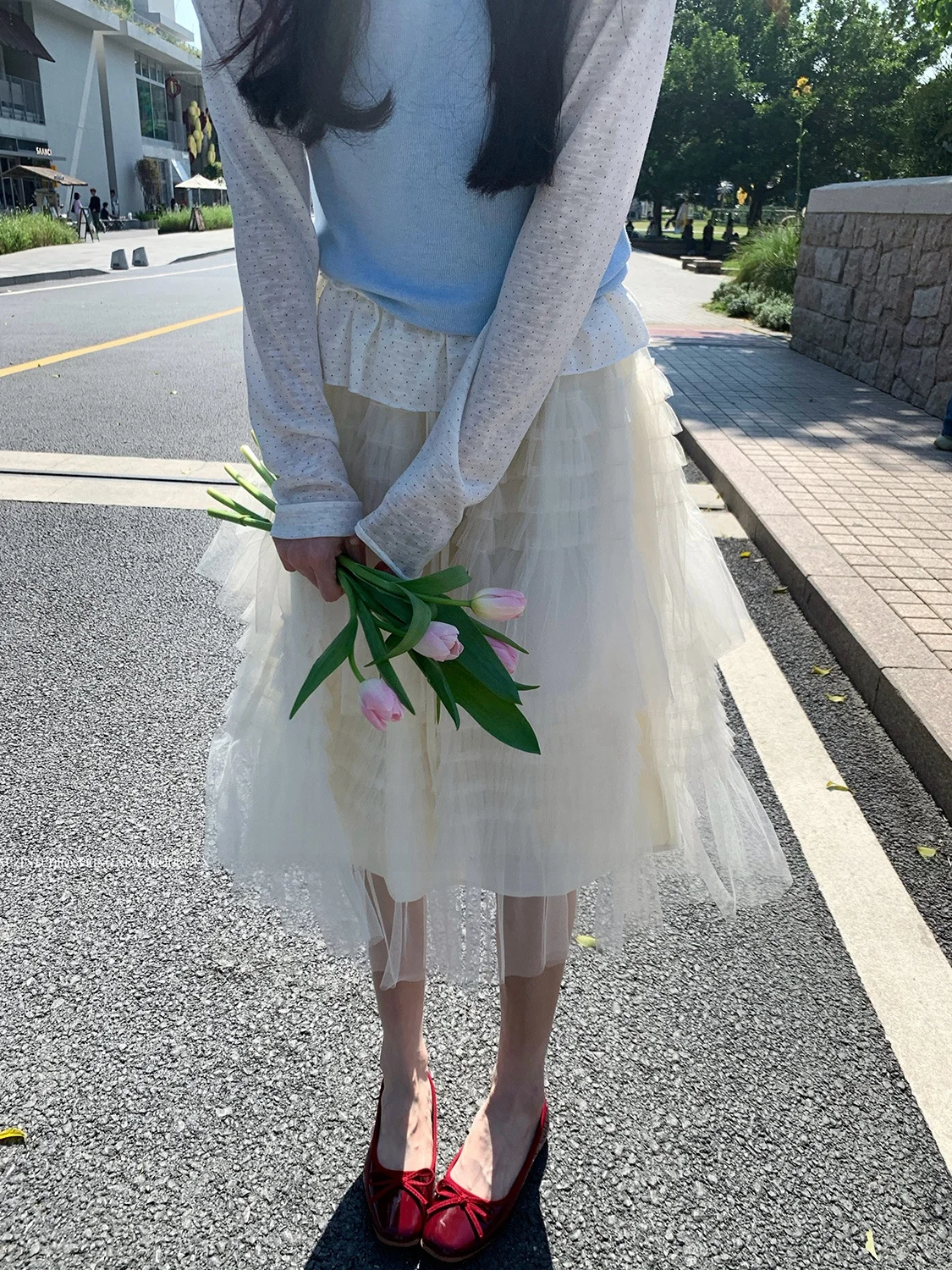 

Комплект Xu Zi Initial Spring Gentle Korean Sle Casual: юбка из фатина и футболка с длинным рукавом в горошек для нежных девушек