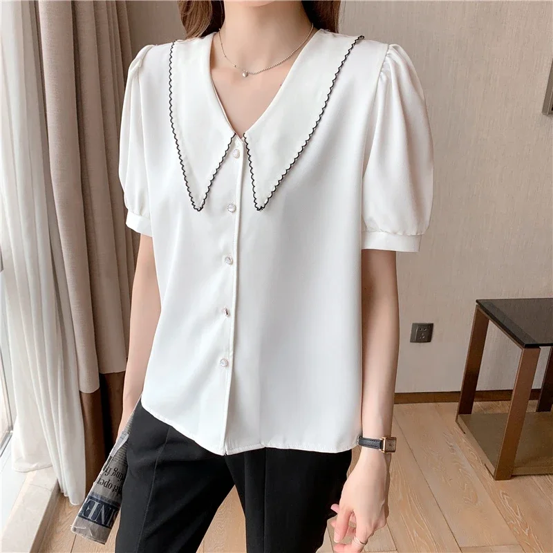 Summer White Chiffon Shirts Women 2024 Fashion Puff Sleeve Button Up Shirt Slim Elegant Korean French Ladies Office Tops Mujer