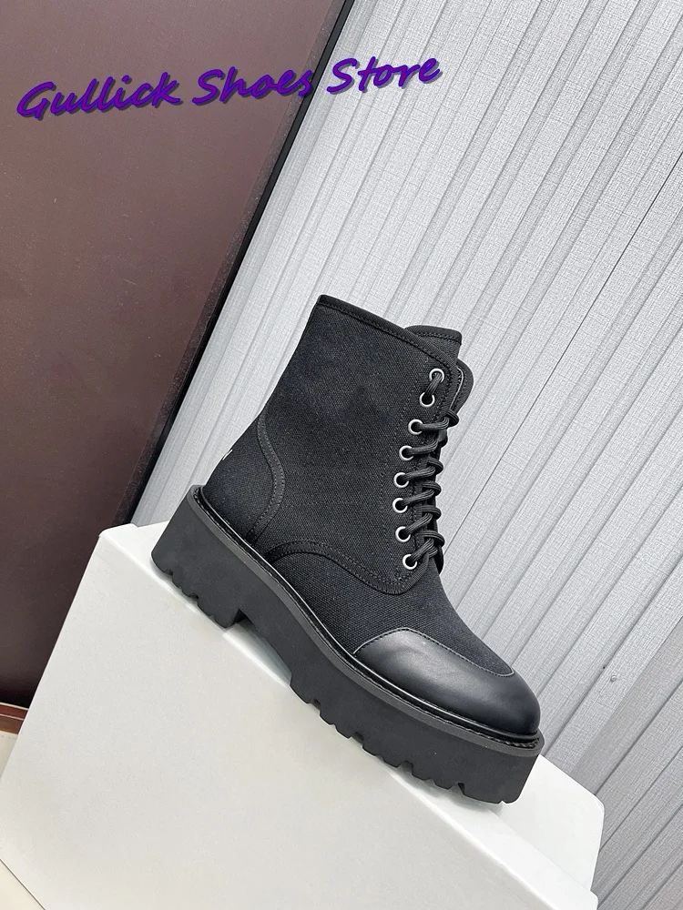 Classic Black Patchwork Ankle Boots Lace Up Genuine Leather Round Toe Square Heel Height Increaing 2025 Short Shoes New Arrival