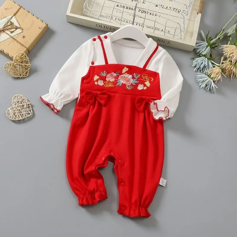 Spring and Autumn Baby Girl Bodysuit Baby Long sleeved Romper Dress Princess Hanfu Dress Newborn Girl Pure Cotton Harper