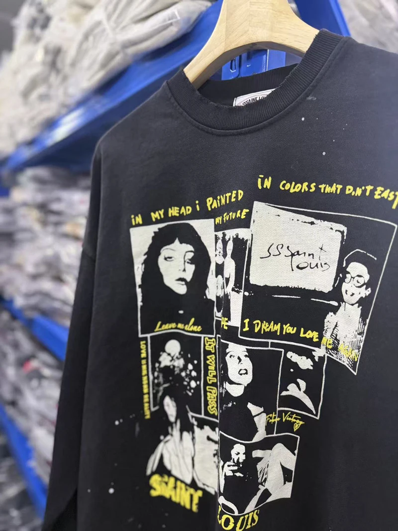 Splashed Ink Washed Hole Damaged SSSAINT LOUIS Graffiti Female Portrait Print Sweatshirts Men Women Streetwear Loose Pullovers