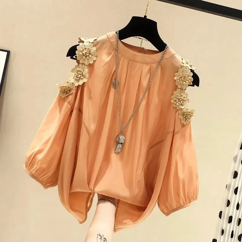 Yellow Flower Three-dimensional Decoration Raglan Sleeve O-Neck Pullover Women's Blouse Shirt Female Clothing Tops Fashion 2025