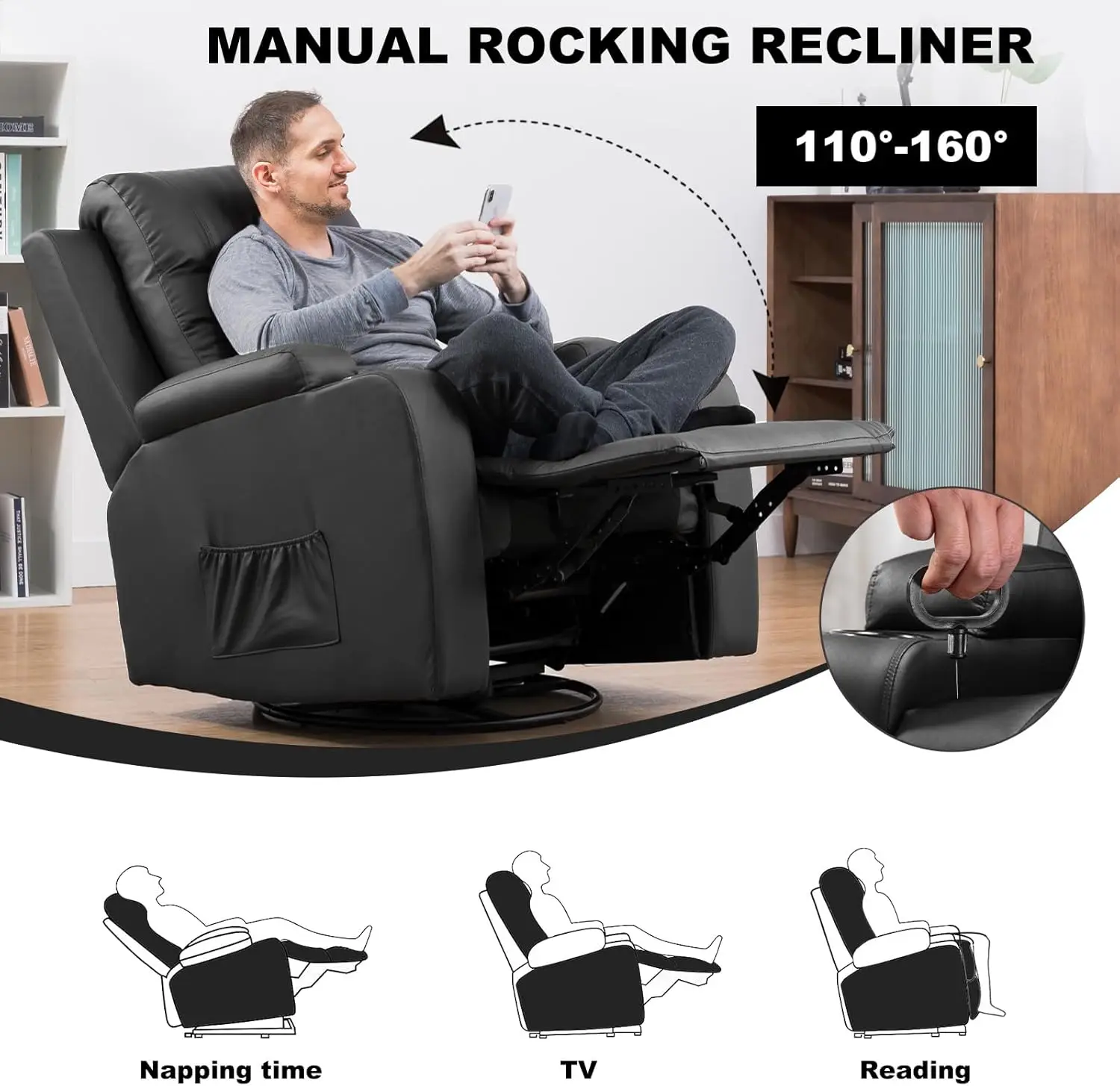 Recliner Chair, PU Rocking Chair for Adults, Swivel Recliner with Cup Holders, Heat and Massage, Single Sofa Seat with Side Pock