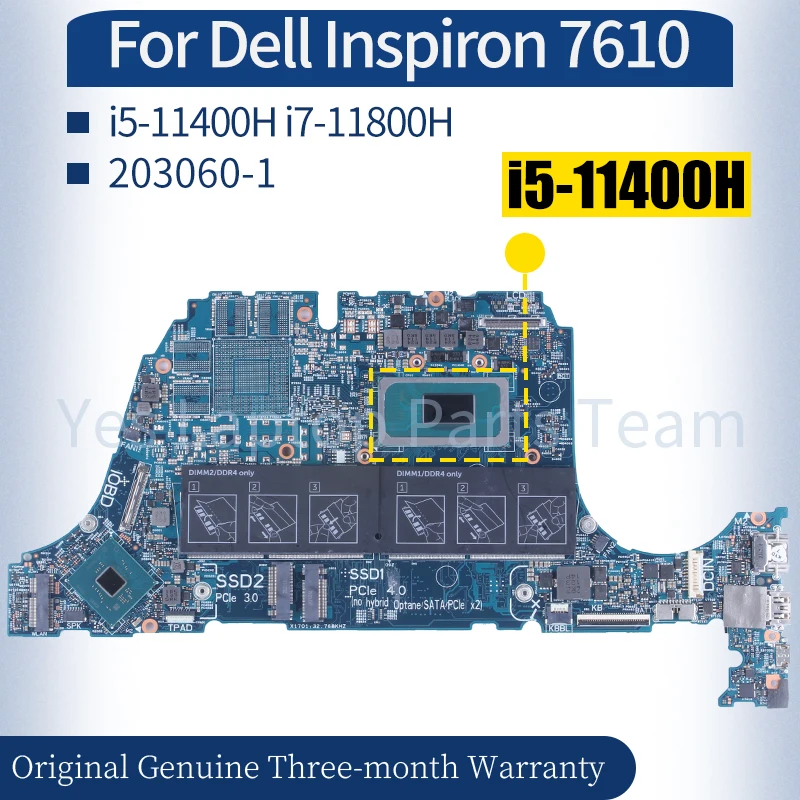 For Dell Inspiron 7610 Laptop Mainboard 203060-1 0FHWFD 0PPJ6T i5-11400H i7-11800H Notebook Motherboard 100％ Tested