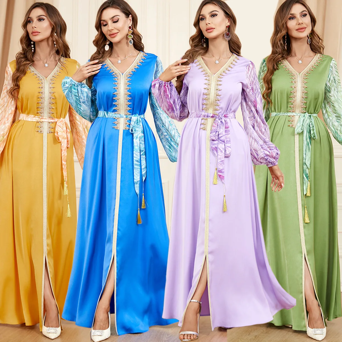 Puff Sleeves Moroccan Kaftan Abaya Hijab Dress with Belt and Beading Satin Soft Gown Elegant Long Sleeves Islamic Muslim Wear