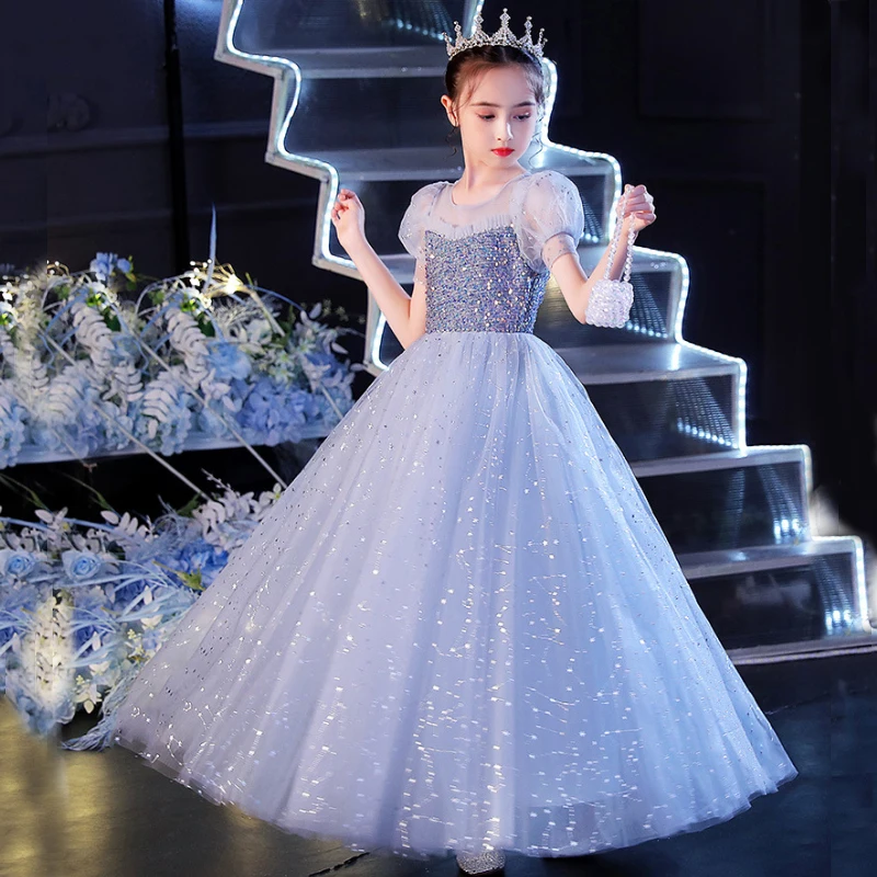 Child Girls Blue Puffy Dresses for Elegant Party and Wedding Pageant Ball Gowns Luxury Kid Evening Formal Special Occasion Dress