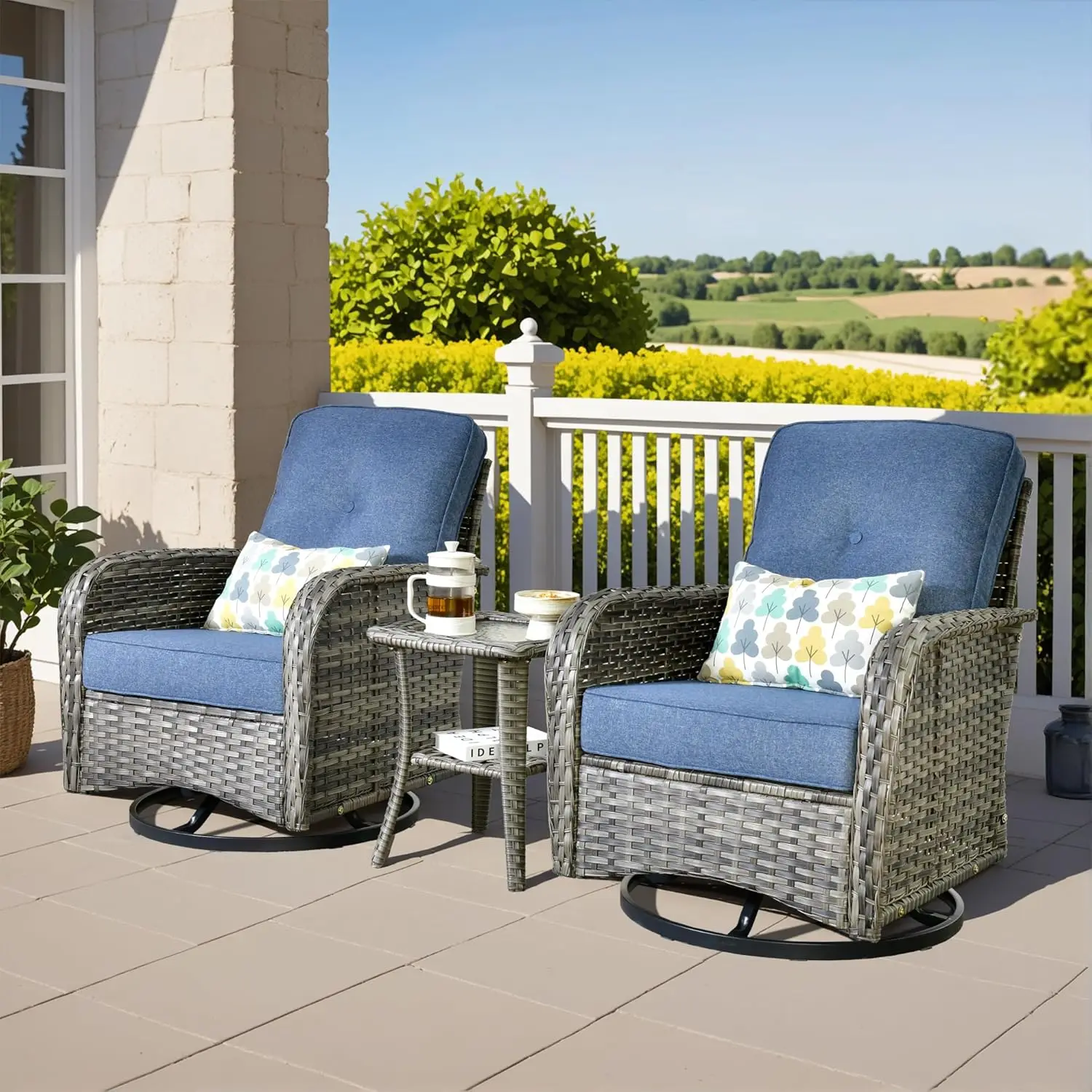 

3 Piece Patio Set Swivel Rocker Chairs Coffee Table All Weather Cushioned Balcony Deck Poolside Garden Sunroom Customized