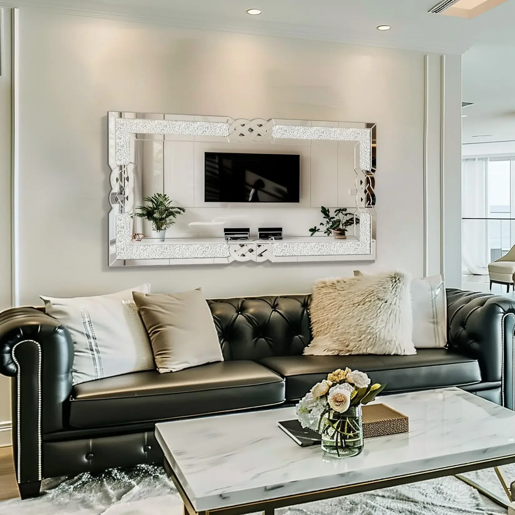 

#For Rectangular Wall Mirror Crystal Crush Diamond Decor 47.2”x23.6” Luxury Shine Silver Mirror for Living Room, Bedroom,Hallway