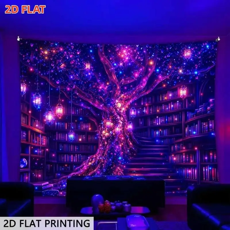VIKAMA Fantasy Magic Tree Tapestry Library Lantern Star Polyester Wall Hanging Aesthetic Bedroom Dorm Home Decor