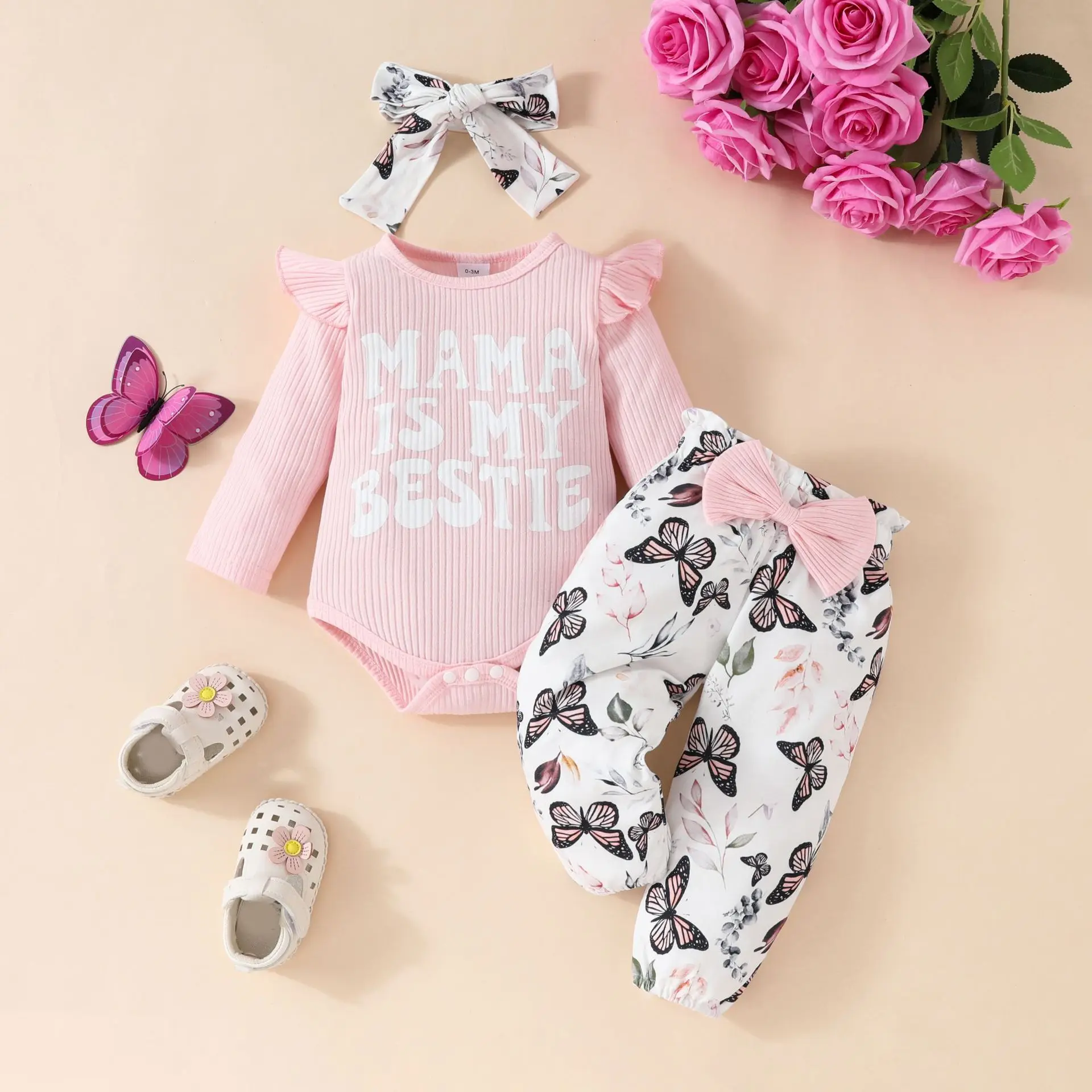 Conjunto de ropa de otoño para niñas de 0 a 18M, mono con letras infantiles, pantalones con estampado de mariposas y diadema, 3 uds., traje para niños pequeños MAMA IS MY BESTIE