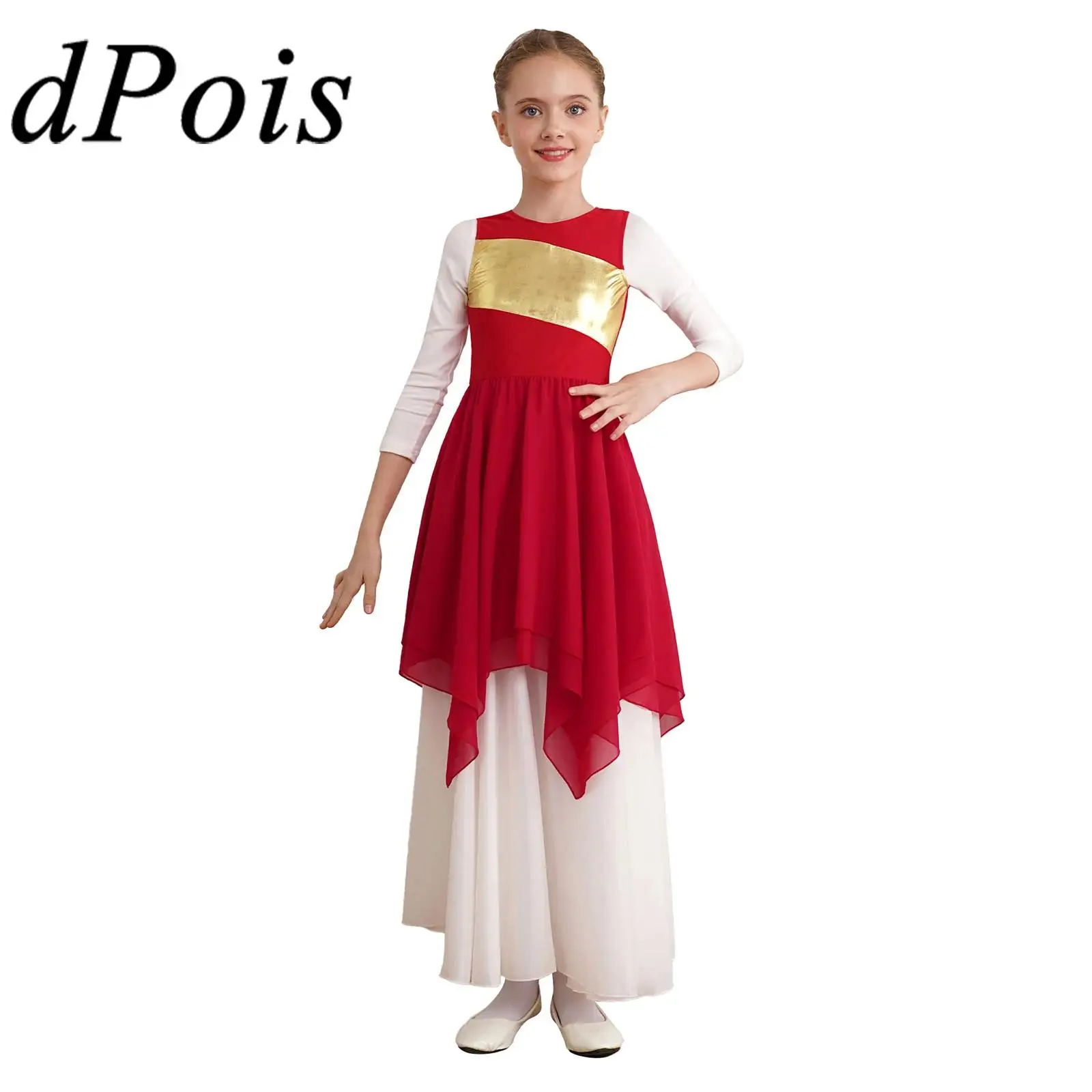 Kids Girls Color Block Lyrical Dance Dress Patchwork Sleeveless Asymmetric Hem Dresses Worship Liturgical Celebration Costume