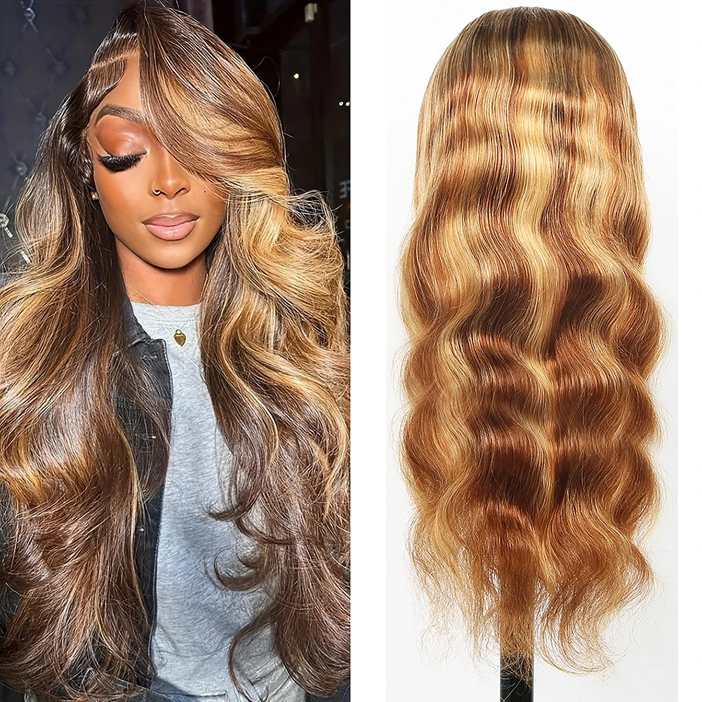 4/27 Ombre Honey Blonde Body Wave Hair Wigs 13*4 Lace Front Human Hair Wigs 180% Density Transparent Human Hair Wigs For Women