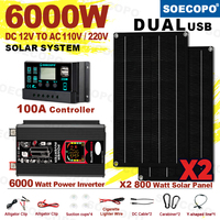 SOECOPO 6000W Camping Full Portable Solar Kit Solar 6000w RV DC 12V - AC 110V/220V Inverter USB 5V/1.5A 2*Solar Panels Panel