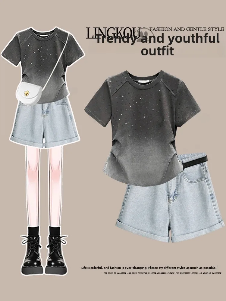 アンチエイジングサマーセットデザイン、アディエン・オルト・スヴェ・ティール（香港風スリムジーンズ付き）ツーピースセット（若い女性向け）