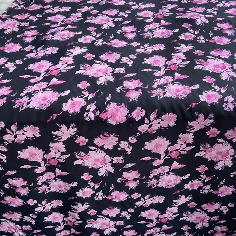 114CM Wide 16MM Pink Floral Printed Thin Black Silk Crepe de Chine Fabric for Summer Dress Silk Tissue for DIY Sewing C001-20