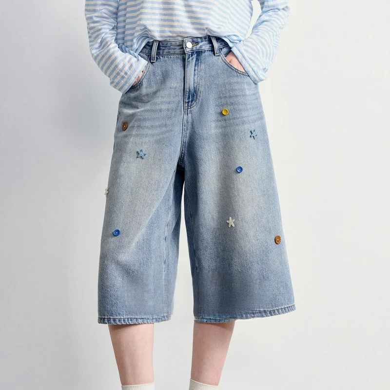 TOYOUTH Women Focus Jeans 2026 Summer New Rainbow Bead Buttons High Waist Wide Leg Cropped Pants