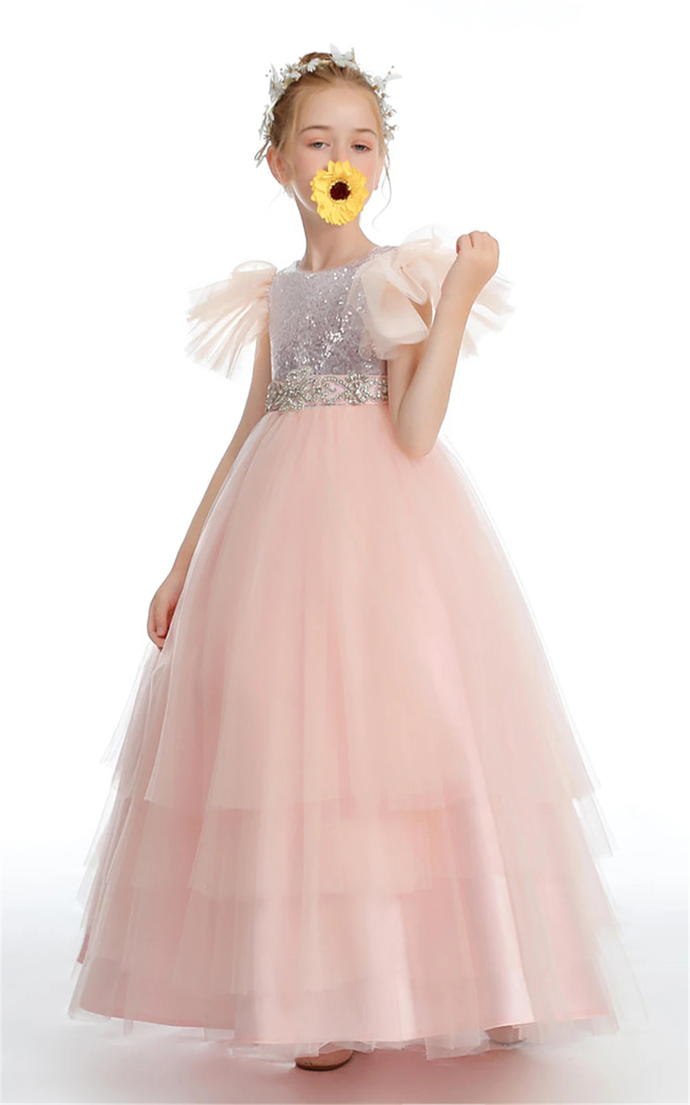 Lovely Sequins Pink Ruffles Silver Tulle  Fluffy Flower Girl Dress With Beading Summer Coolness Princess Party Banquet Dresses