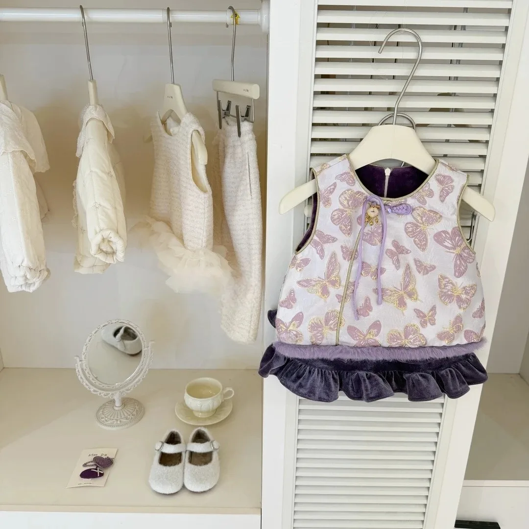 2026 Original Princess Western New Year's Wear Winter Baby Girl Purple National Style Vest Velvet Cake Skirt Two Piece Set