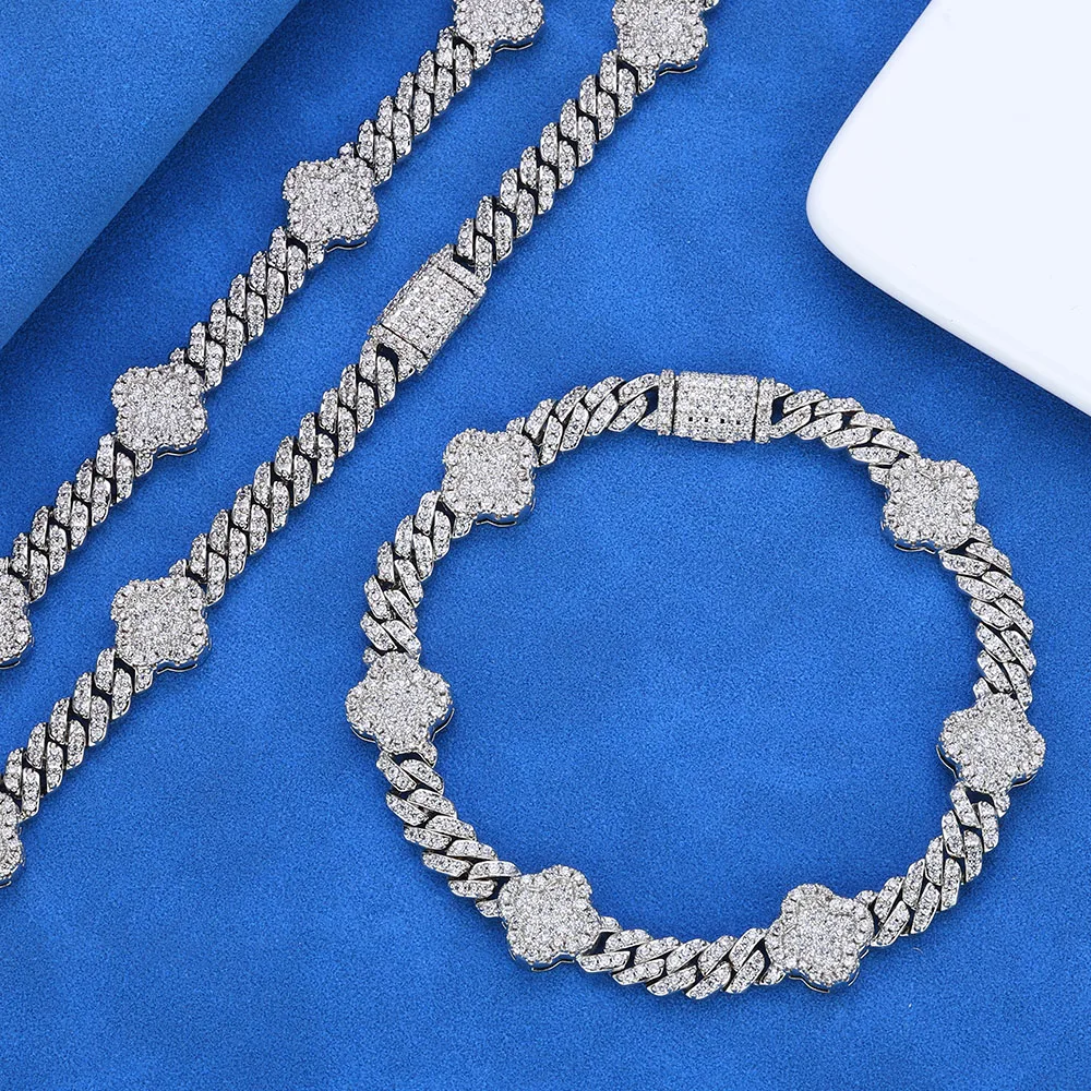 Luxury NUOYA Jewelry 6mm Four Leaf Clover Moissanite Cuban Link Chain Necklace 925 Sterling Silver Hip Hop Jewelry for Women.