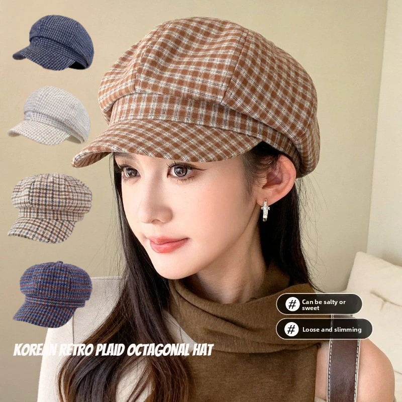 1pc Elegant Vintage Octagonal Beret,British Japanese Style Newsboy Cap Plaid Pattern Golf Driving Cap Women's Wear for Dailywear