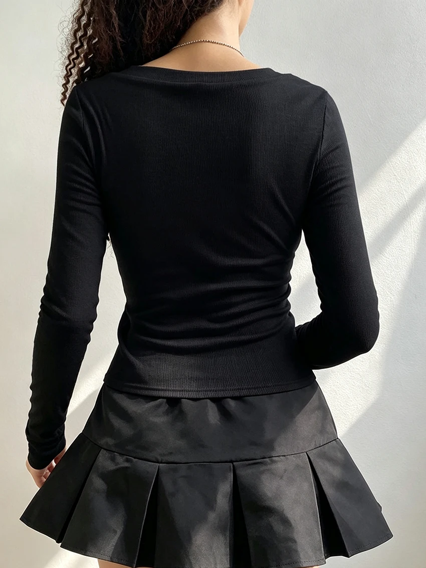 Gothic Harajuku Ladies Slim Long Sleeve Top Wide Boat Neck Skull Wings Rose Graphic Thumb Cuff Y2K Aesthetic Streetwear T-shirts