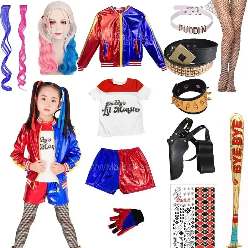 

♥ Новый детский костюм Харли Квинн 2026: куртка, брюки, рубашка, перчатки для девочек, для косплея, вечеринок и Хэллоуина ♥ ♥ ★