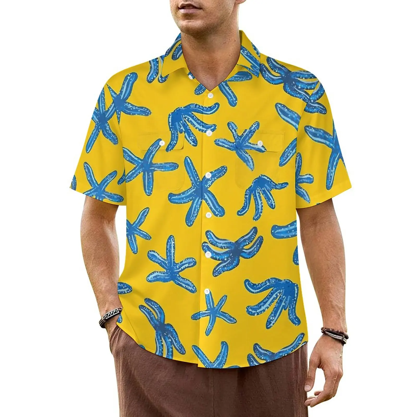 

Hawaiian Shirt Vacation Blue Starfish Print Blouses Animal Classic Casual Shirts Men Short Sleeve Streetwear Plus Size Clothing