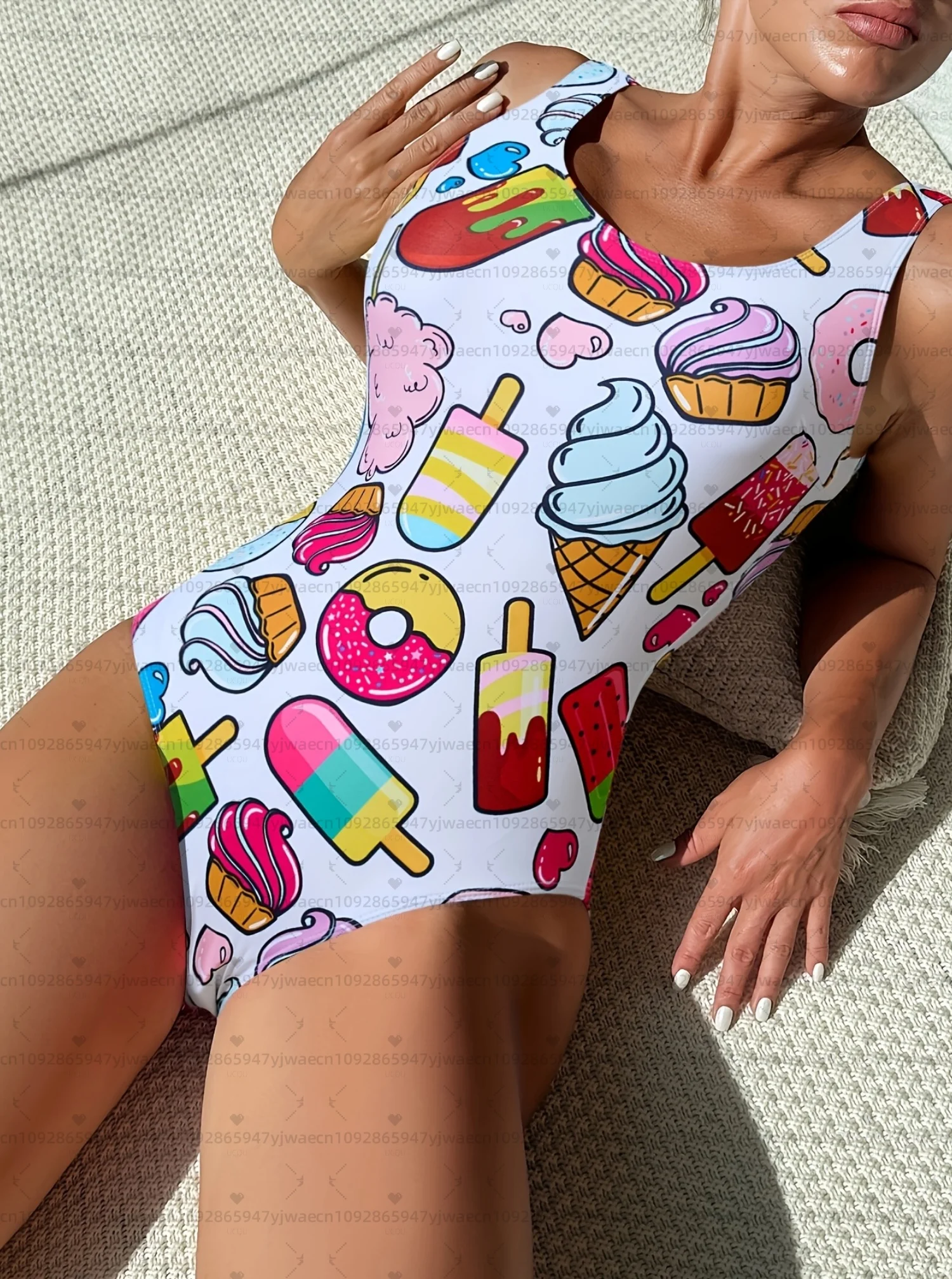 

Женский цельный купальник 2026 года с принтом мороженого, летний, без рукавов, сексуальный пляжный боди-купальник для женщин