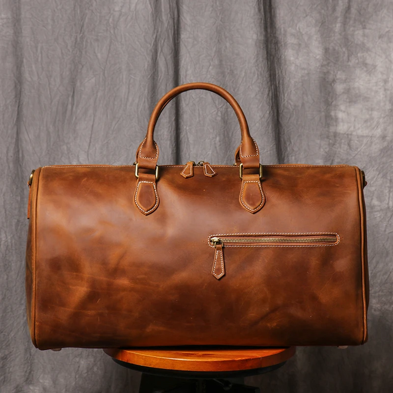 Bolsa de viagem de couro vintage para homens e mulheres Saco de laptop de couro maluco Weekend Handbag Duffle de grande capacidade